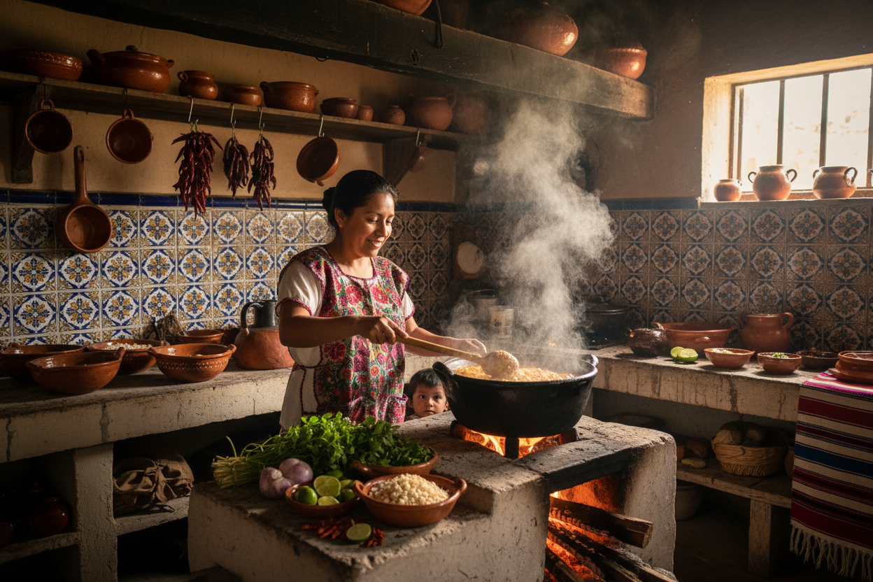 Mom cooking pozole in a very traditional kitchen