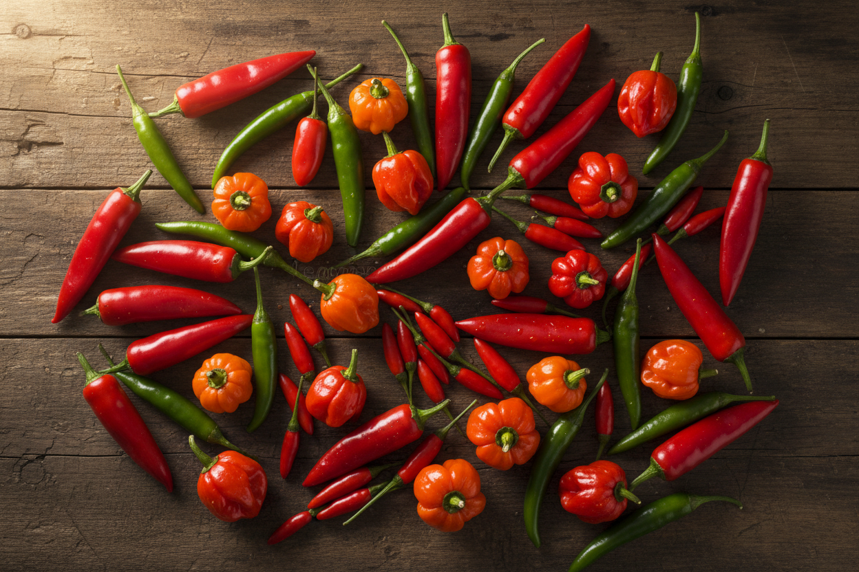  a lot of hot spicy chiles spread all over a wooden table 